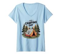 Womens Happy Camping Day, Funny Tent Campfire Forest For Campers V-Neck T-Shirt