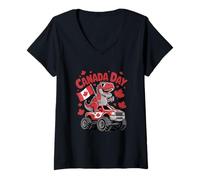 Womens Happy Canada Day Canada Flag Canadian Dinosaur T-Rex Truck V-Neck T-Shirt