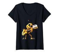 Women's Happy Cartoon Bee Playing Electric Guitar Musician V-Neck T-Shirt