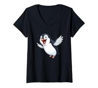 Women's Happy Cartoon Penguin Attempting to Fly V-Neck T-Shirt