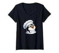 Women's Happy Cartoon Penguin Chef Cooking in Kitchen V-Neck T-Shirt