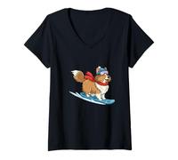 Womens Happy Collie Puppy On Blue Snowboard Winter Fun V-Neck T-Shirt