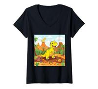 Womens Happy Dinosaur Adventure Cartoon in Prehistoric Jungle V-Neck T-Shirt