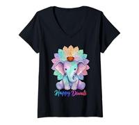 Womens Happy Diwali Festival of Lights Diya Elephant V-Neck T-Shirt