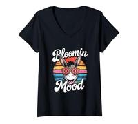 Womens Happy Donkey Blooming Mood Retro V-Neck T-Shirt