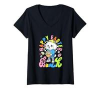 Women's Happy Easter Bichon Frise Hunting Colorful Chocolate Eggs V-Neck T-Shirt