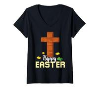 Women's Happy Easter Block Building Brick Builder Jesus Cross Faith V-Neck T-Shirt