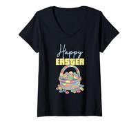 Women's Happy Easter Block Building Egg Basket Brick Builder V-Neck T-Shirt