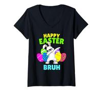 Women's Happy Easter Bruh- Funny Easter Gen Alpha Boy Easter V-Neck T-Shirt