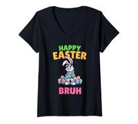 Women's Happy Easter Bruh- Funny Easter Gen Alpha Boy Easter V-Neck T-Shirt