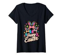 Women's Happy Easter Bunnies Vibrant Spring Holiday V-Neck T-Shirt
