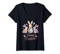 Women's Happy Easter Bunnies Watercolor Pastel Spring Holiday Design V-Neck T-Shirt