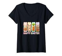 Women's Happy Easter Bunny Bunny Colorful Eggs Basket Floral V-Neck T-Shirt