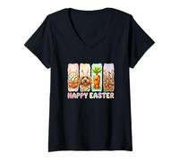 Women's Happy Easter Bunny Cockapoo Colorful Eggs Basket Floral V-Neck T-Shirt