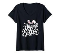 Women's Happy Easter Bunny Ears Spring Holiday Celebration V-Neck T-Shirt