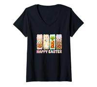 Women's Happy Easter Bunny Goose Colorful Eggs Basket Floral V-Neck T-Shirt