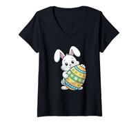 Women's Happy Easter Bunny Holding Colorful Egg Kids V-Neck T-Shirt
