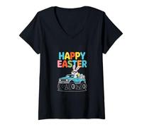Women's Happy Easter Bunny Monster Truck with Eggs V-Neck T-Shirt