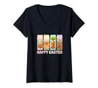 Women's Happy Easter Bunny Pomeranian Colorful Eggs Basket Floral V-Neck T-Shirt