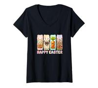Women's Happy Easter Bunny Pug Colorful Eggs Basket Floral V-Neck T-Shirt