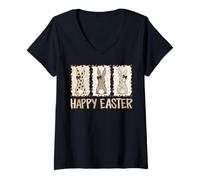 Women's Happy Easter Bunny Trio Leopard Pattern Plaid Polka Dot Art V-Neck T-Shirt