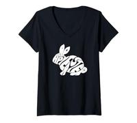 Women's Happy Easter Bunny Typography - Word Art Spring Rabbit V-Neck T-Shirt