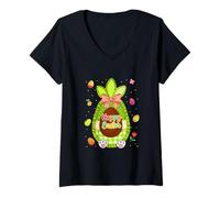 Women's Happy Easter Cute Avocado Bow Tie Colorful Eggs Vegan Family V-Neck T-Shirt