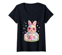 Women's Happy Easter Cute Bunny Glasses Pastel Rainbow Bunny Eggs V-Neck T-Shirt