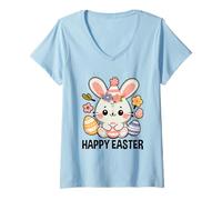 Womens Happy Easter Cute Easter bunny wishes you a Happy Easter V-Neck T-Shirt