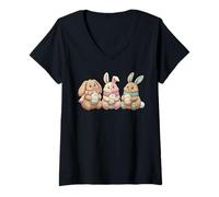Women's Happy Easter Cute Knit Bunnies Holding Eggs Family V-Neck T-Shirt
