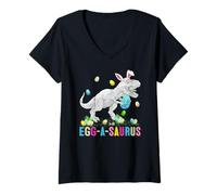 Women's Happy Easter Egg A Saurus T-Rex Dinosaur Easter Egg Hunt V-Neck T-Shirt