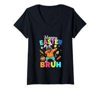 Women's Happy Easter Eggs Dabbing Bunny Dobermann Costume Hip Hop V-Neck T-Shirt