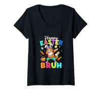 Women's Happy Easter Eggs Dabbing Bunny Sheltie Costume Hip Hop V-Neck T-Shirt