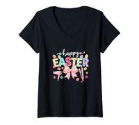 Women's Happy Easter Hair Stylist Tools Bow Tie Hunting Colorful Egg V-Neck T-Shirt