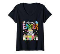 Women's Happy Easter Pigeon Inside Colorful Eggs Easter Bunny V-Neck T-Shirt