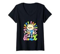 Women's Happy Easter Pomeranian Hunting Colorful Chocolate Eggs V-Neck T-Shirt
