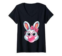 Women's Happy Easter Rabbit Heart Sunglasses Bubble Gum Pink Bow V-Neck T-Shirt