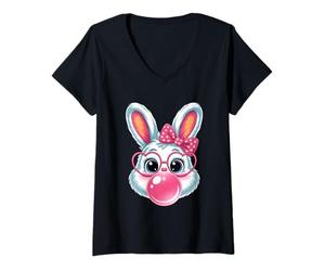 Women's Happy Easter Rabbit Heart Sunglasses Bubble Gum Pink Bow V-Neck T-Shirt