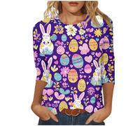 Women's Happy Easter Shirt 3/4 Sleeve Funny Tops Rabbit Graphic Colored Eggs Print Tee T-Shirts Easter Day Gifts #6