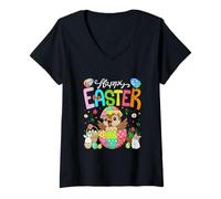 Women's Happy Easter Sparrow Inside Colorful Eggs Easter Bunny V-Neck T-Shirt