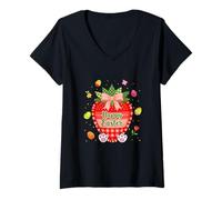 Women's Happy Easter Strawberry Bow Tie Colorful Eggs Vegan Family V-Neck T-Shirt