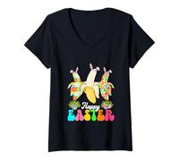 Women's Happy Easter Three Leopard Bananas Bunny Colorful Eggs V-Neck T-Shirt