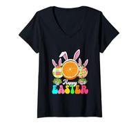 Women's Happy Easter Three Leopard Oranges Bunny Colorful Eggs V-Neck T-Shirt
