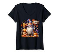 Womens Happy Fall Gnome with Farm Fresh Pumpkins and Autumn Vibes V-Neck T-Shirt
