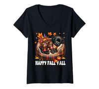 Womens Happy Fall Saying for Labrador Lover Black Labrador Graphic V-Neck T-Shirt