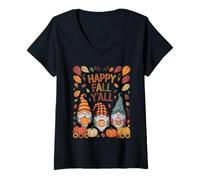 Womens Happy Fall Y’All Gnome Autumn Pumpkin Thanksgiving Lover V-Neck T-Shirt