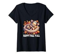 Womens Happy Fall Yall Graphic for Women Girls Cute Chihuahua Puppy V-Neck T-Shirt