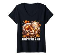 Womens Happy Fall Yall Graphic for Women with Fall Golden Retriever V-Neck T-Shirt