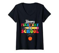 Womens Happy First Day of School - Colorful Teacher Back to School V-Neck T-Shirt