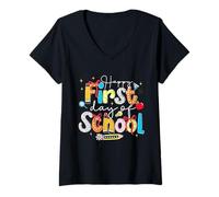 Womens Happy First Day of School Coquette Bow Pre-K Teacher Girl V-Neck T-Shirt